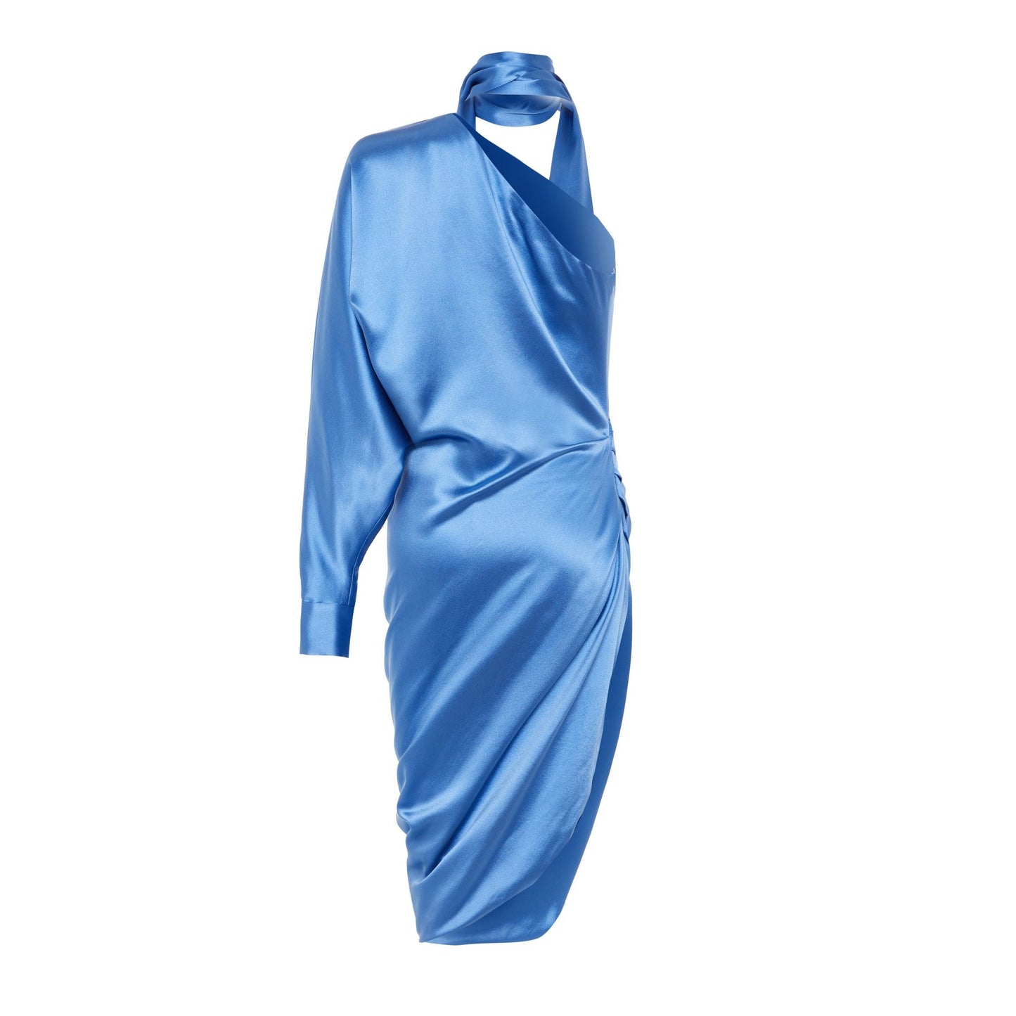 saumacollection blue one-shoulder midi dress in silk satin crepe with long sleeve and draped waist detail