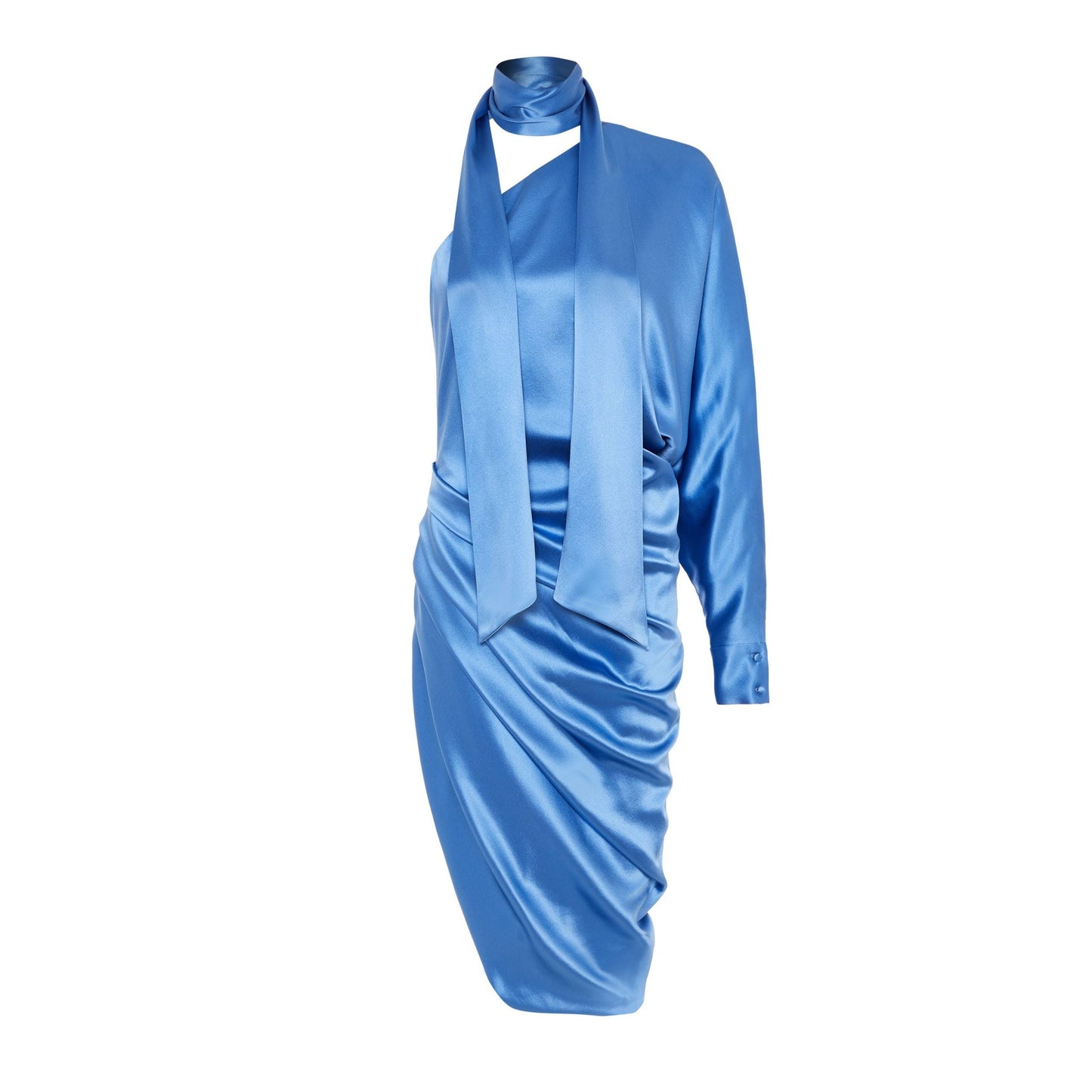 saumacollection blue one-shoulder midi dress in silk satin crepe with a draped skirt and neck tie detail