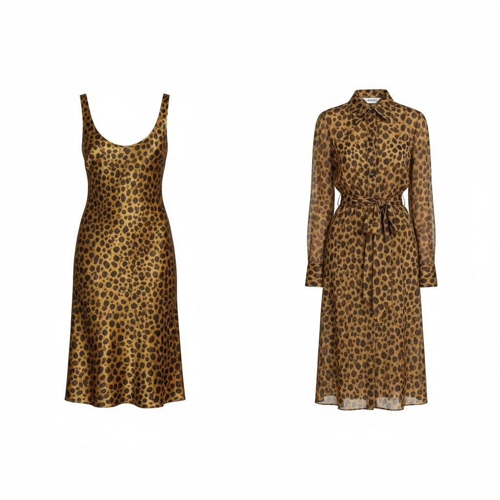 saumacollection leopard print midi dress set featuring a sleeveless silk slip dress and a long-sleeve shirt dress.