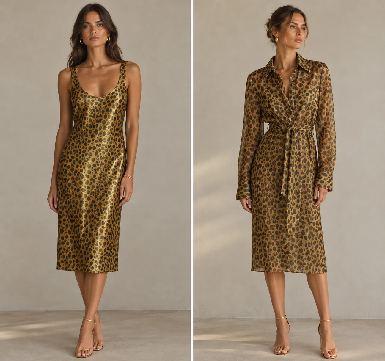 saumacollection leopard print midi dress set featuring a sleeveless slip dress and a long-sleeve belted shirt dress.