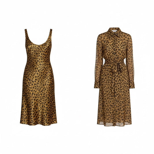 saumacollection leopard print midi dress set featuring a sleeveless silk slip dress and a long-sleeve shirt dress.