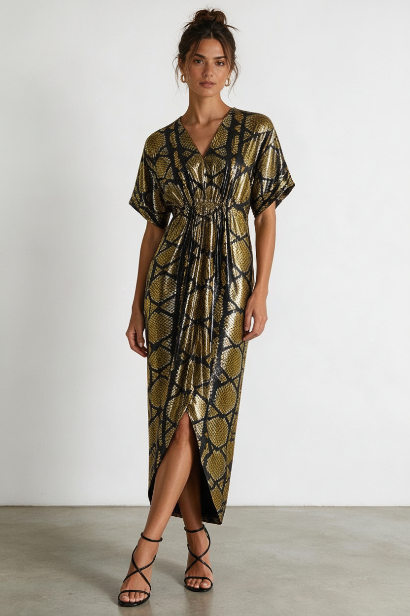 saumacollection metallic gold and black snake-print midi dress with V-neck, gathered waist, and front slit
