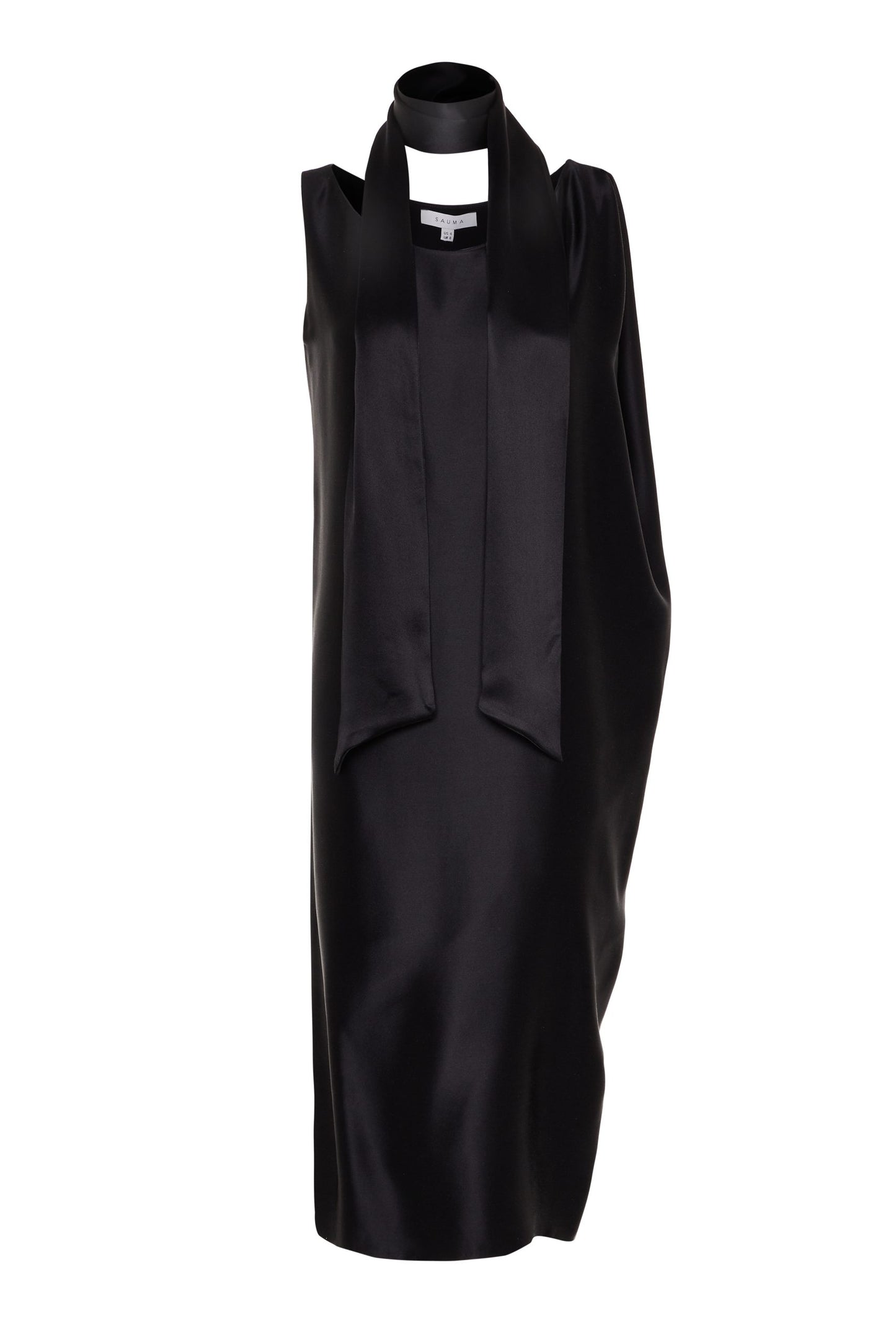 Dress Black Silk Crepe Satin Draped Shoulder Midi